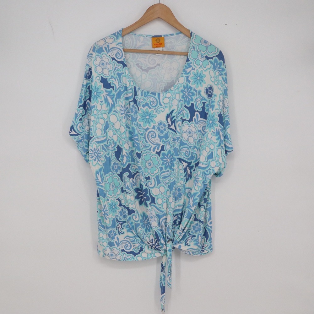 Ruby Rd Top Womens 2X Floral Front Tie Blue Short Sleeve Scoop Neck Excellent